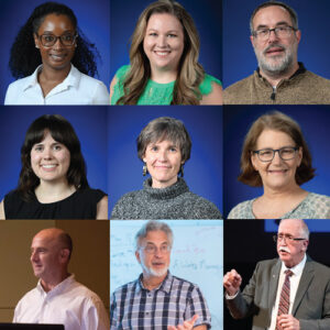 Headshots of Biology Department faculty and staff, top to bottom, left to right: Dr. Sharday Ewell, Dr. Lydia Lytal, Dr. Timothy Menzel, Dr. Mariel Pfeifer, Dr. Becks Prescott, Catherine Hultman, Dr. Brian Doctor, Dr. Cliff Ochs, Dr. Glenn Parsons